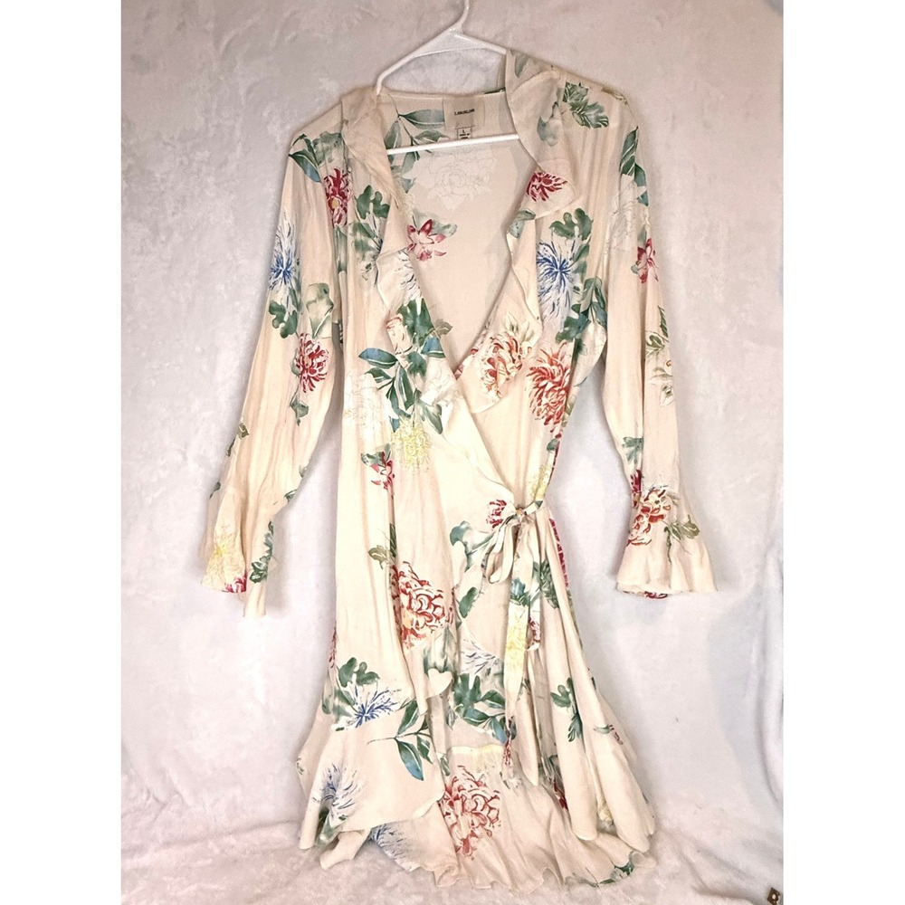 I.Madeline Floral Wrap Dress Womens Large Cream Ruffle Long Sleeve EUC MD1376